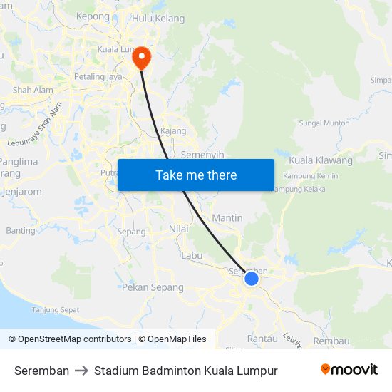 Seremban to Stadium Badminton Kuala Lumpur map