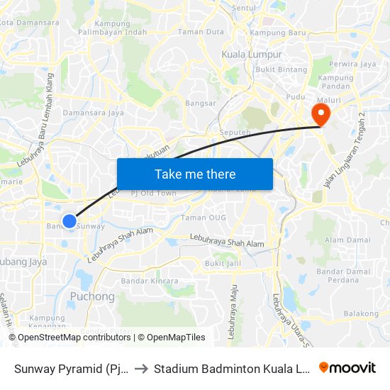 Sunway Pyramid (Pj615) to Stadium Badminton Kuala Lumpur map