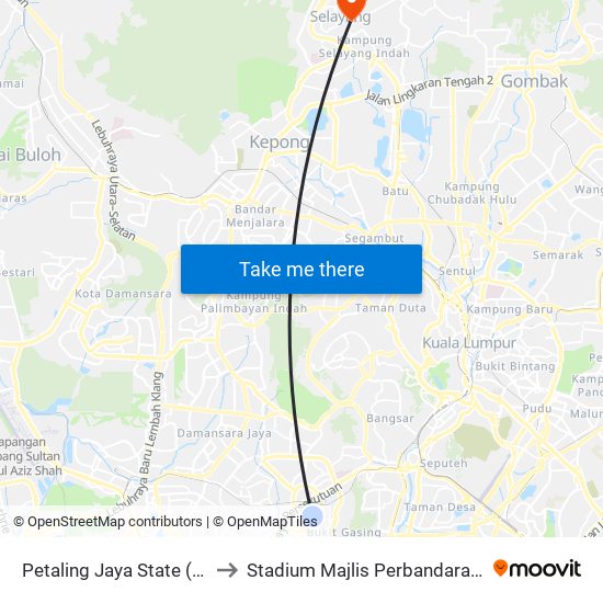 Petaling Jaya State (Utara) (Pj433) to Stadium Majlis Perbandaran Selayang (MPS) map