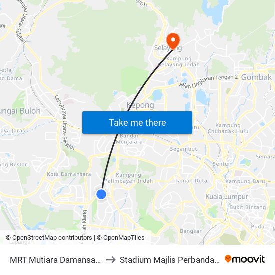 MRT Mutiara Damansara, Pintu B (Pj809) to Stadium Majlis Perbandaran Selayang (MPS) map