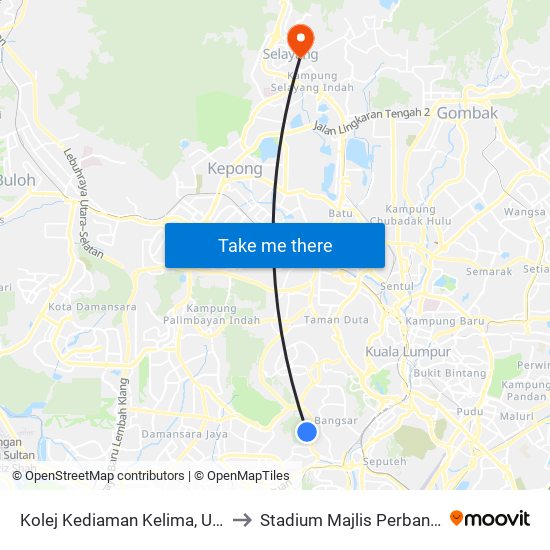 Kolej Kediaman Kelima, Universiti Malaya (Kl2343) to Stadium Majlis Perbandaran Selayang (MPS) map