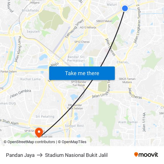 Pandan Jaya to Stadium Nasional Bukit Jalil map