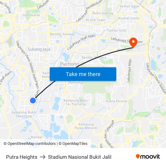 Putra Heights to Stadium Nasional Bukit Jalil map