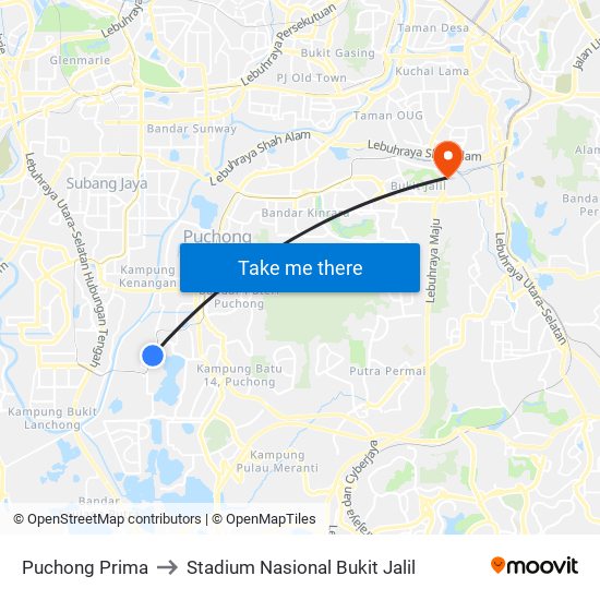 Puchong Prima to Stadium Nasional Bukit Jalil map