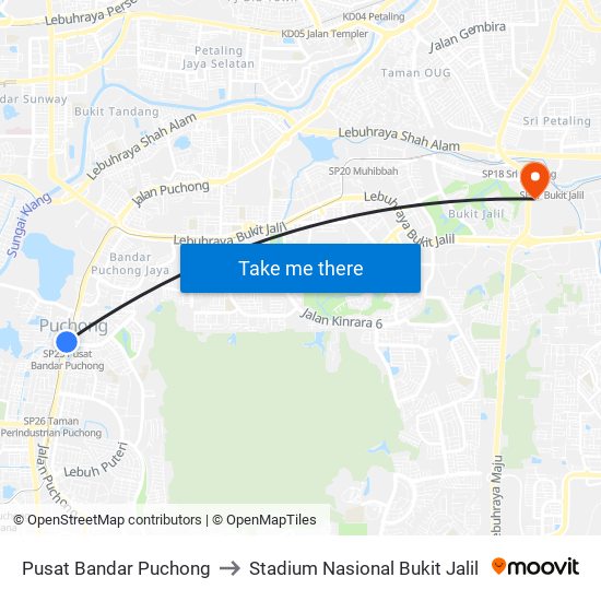 Pusat Bandar Puchong to Stadium Nasional Bukit Jalil map