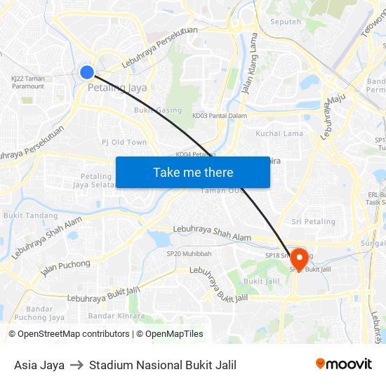 Asia Jaya to Stadium Nasional Bukit Jalil map