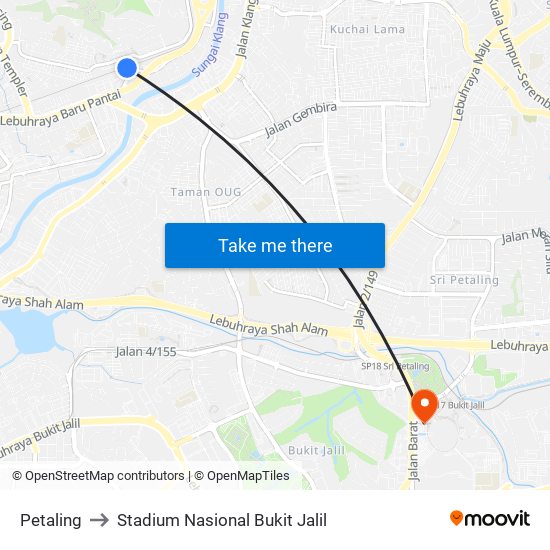 Petaling to Stadium Nasional Bukit Jalil map