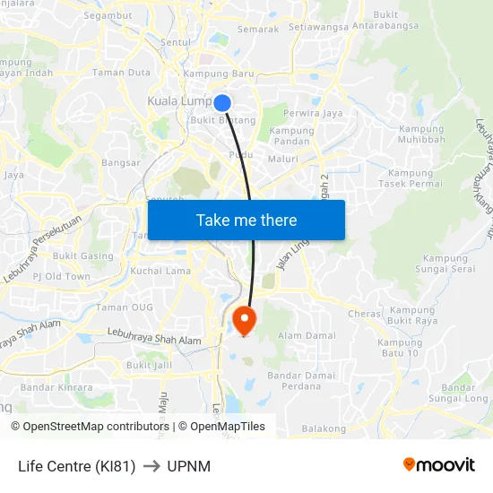 Life Centre (Kl81) to UPNM map