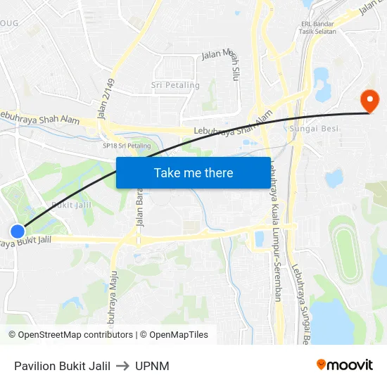 Pavilion Bukit Jalil to UPNM map
