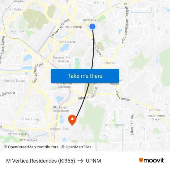 M Vertica Residences (Kl355) to UPNM map