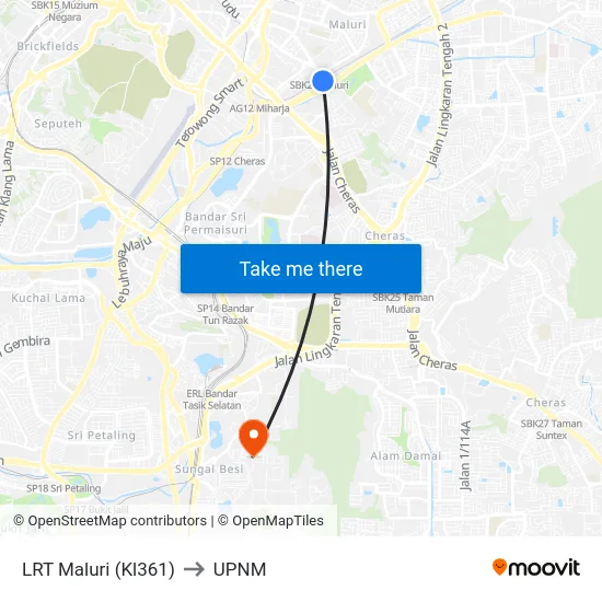 LRT Maluri (Kl361) to UPNM map