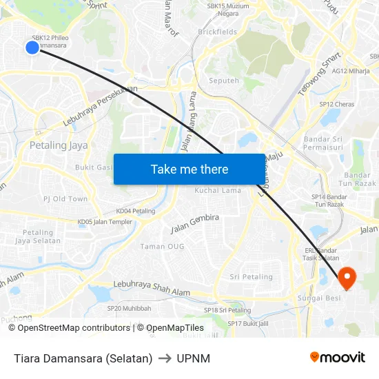 Tiara Damansara (Selatan) to UPNM map