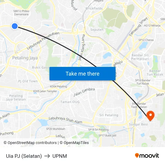 Uia PJ (Selatan) to UPNM map