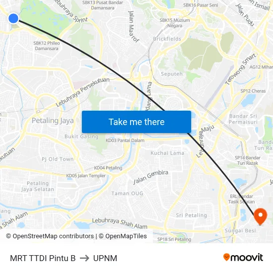 MRT TTDI Pintu B to UPNM map