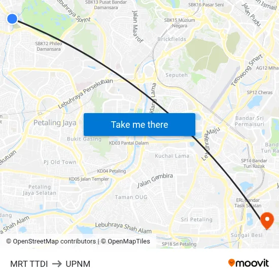 MRT TTDI to UPNM map
