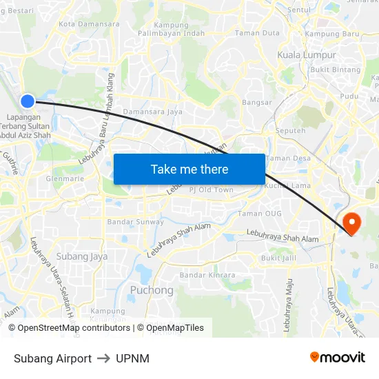 Subang Airport to UPNM map