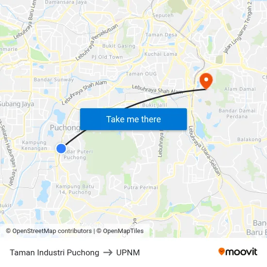 Taman Industri Puchong to UPNM map