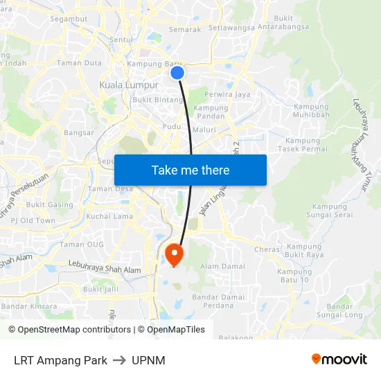 LRT Ampang Park to UPNM map