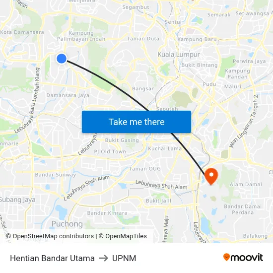 Hentian Bandar Utama to UPNM map