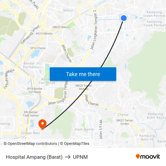 Hospital Ampang (Barat) to UPNM map