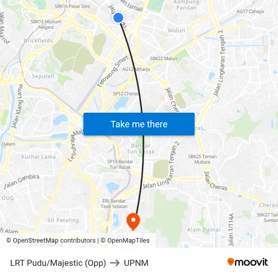 LRT Pudu/Majestic (Opp) to UPNM map