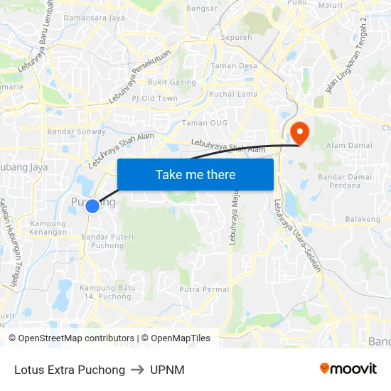 Lotus Extra Puchong to UPNM map