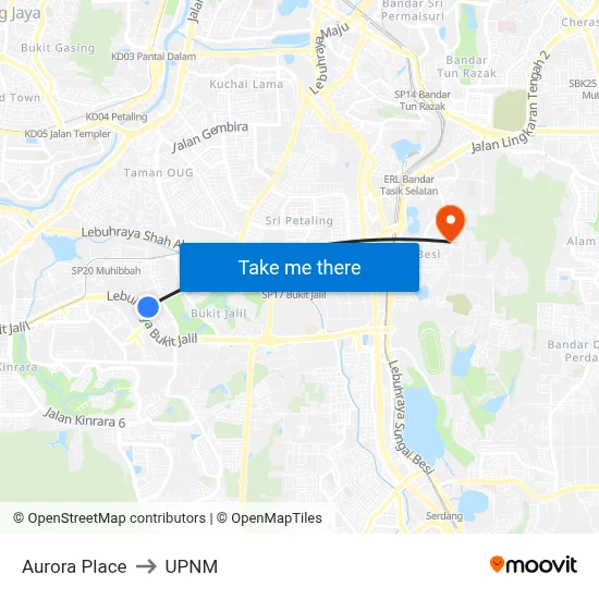 Aurora Place to UPNM map