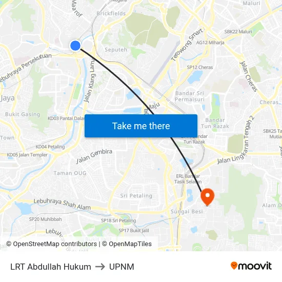 LRT Abdullah Hukum to UPNM map