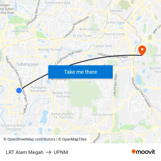 LRT Alam Megah to UPNM map