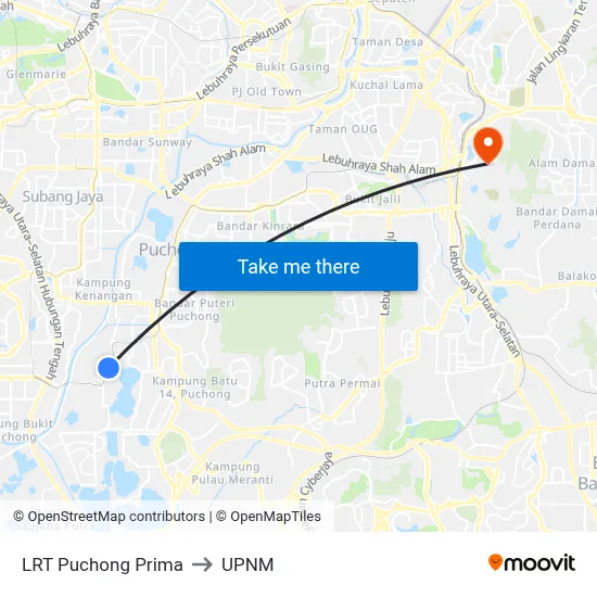 LRT Puchong Prima to UPNM map