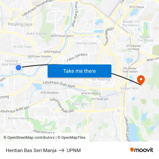 Hentian Bas Seri Manja to UPNM map