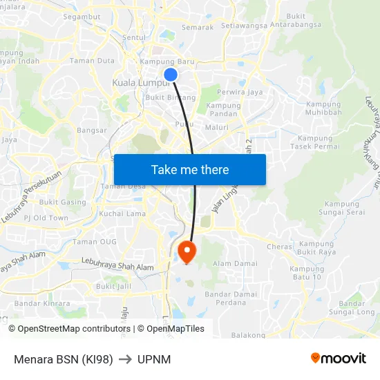 Menara BSN (Kl98) to UPNM map