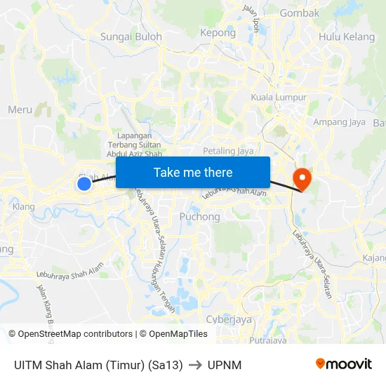 UITM Shah Alam (Timur) (Sa13) to UPNM map