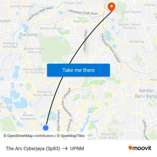 The Arc Cyberjaya (Sp83) to UPNM map