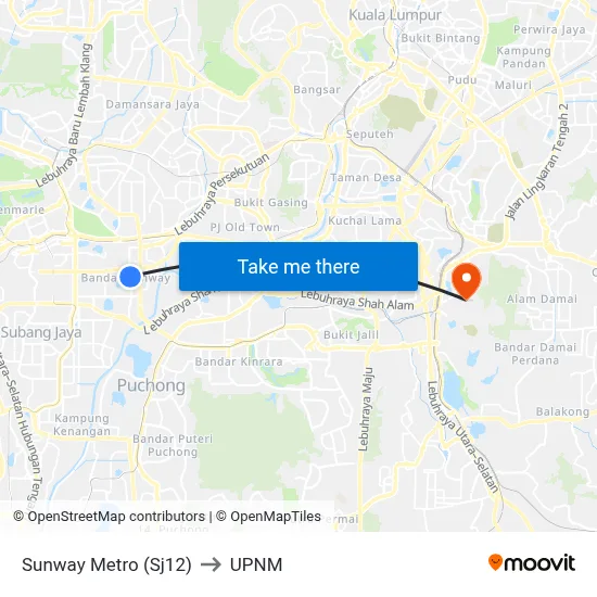Sunway Metro (Sj12) to UPNM map