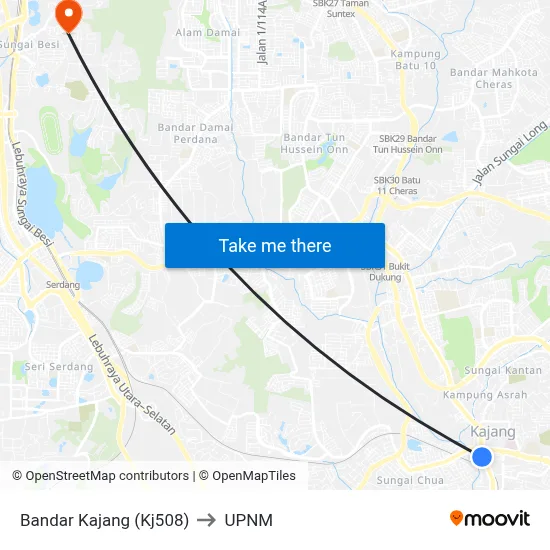 Bandar Kajang (Kj508) to UPNM map