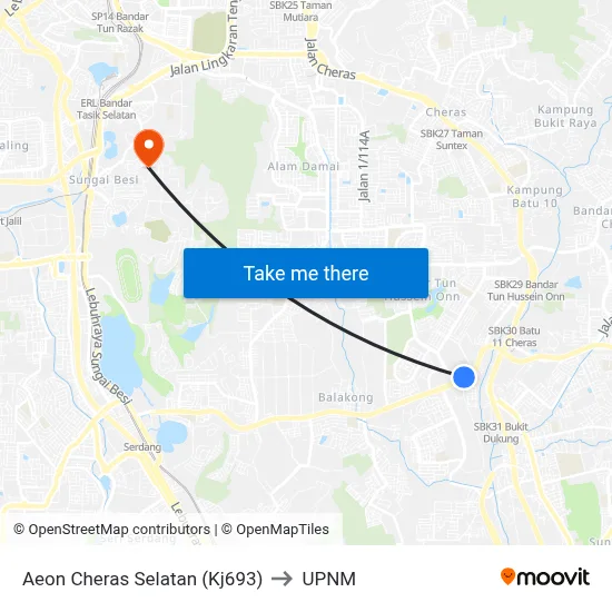 Aeon Cheras Selatan (Kj693) to UPNM map