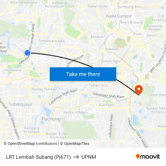 LRT Lembah Subang (Pj671) to UPNM map