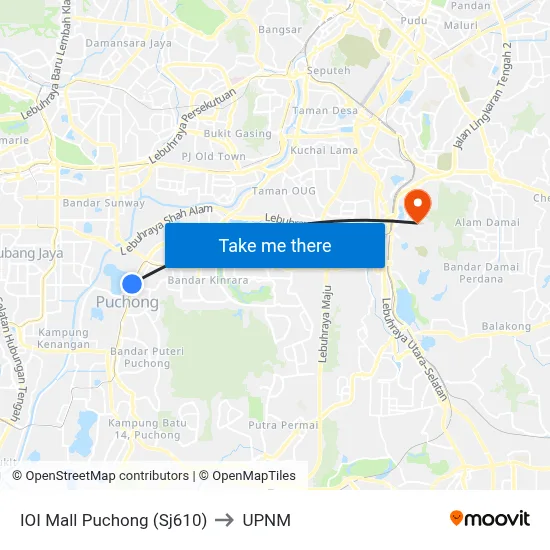 IOI Mall Puchong (Sj610) to UPNM map