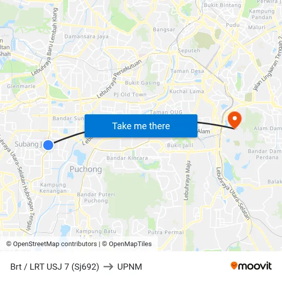 Brt / LRT USJ 7 (Sj692) to UPNM map