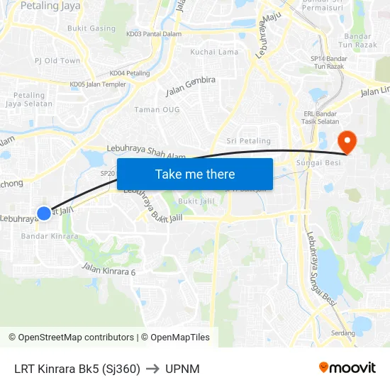 LRT Kinrara Bk5 (Sj360) to UPNM map