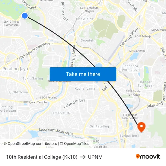 10th Residential College (Kk10) to UPNM map
