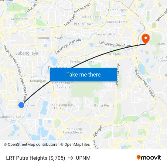 LRT Putra Heights (Sj705) to UPNM map