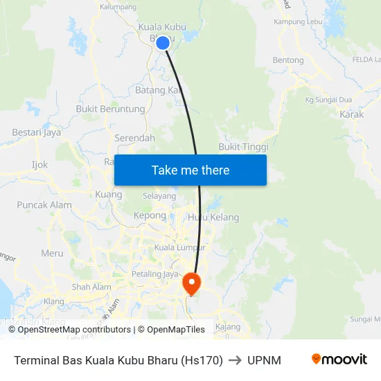 Terminal Bas Kuala Kubu Bharu (Hs170) to UPNM map