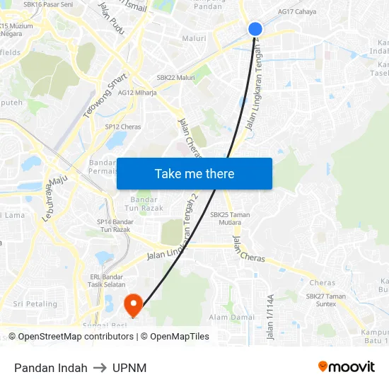 Pandan Indah to UPNM map