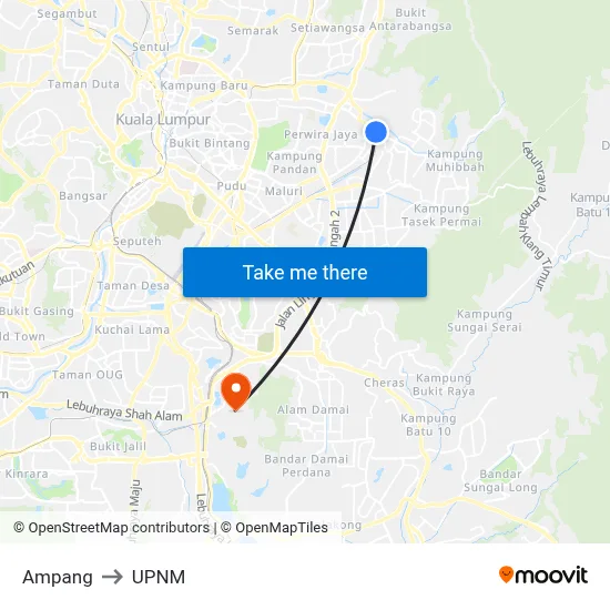 Ampang to UPNM map