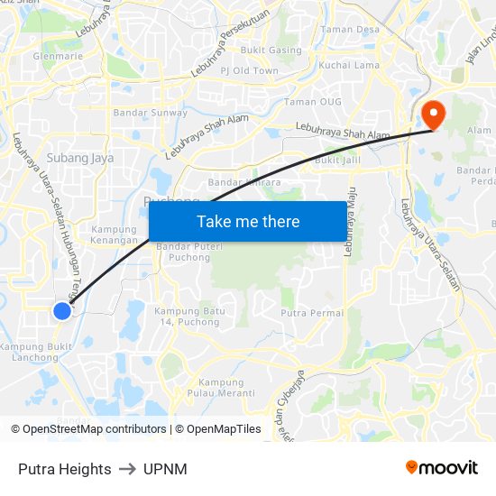 Putra Heights to UPNM map