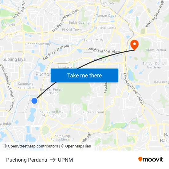 Puchong Perdana to UPNM map