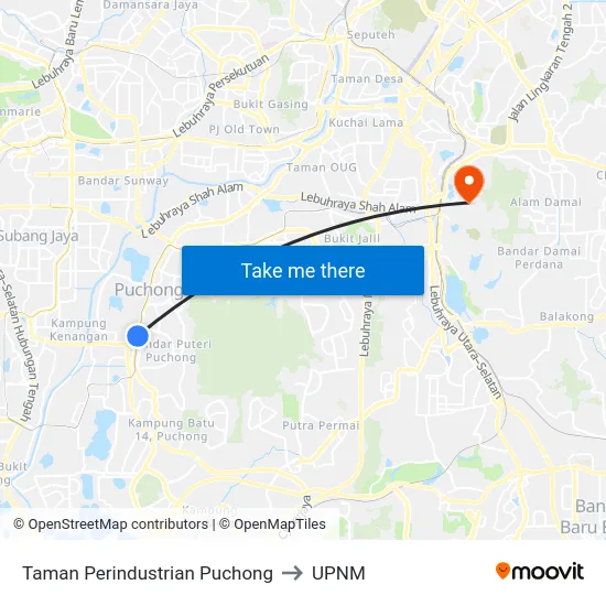 Taman Perindustrian Puchong to UPNM map