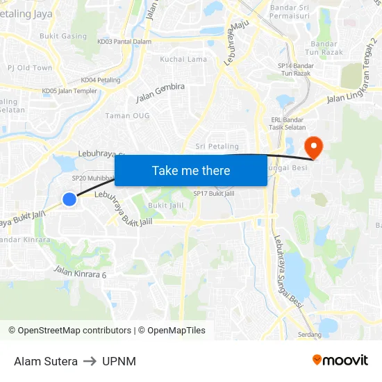 Alam Sutera to UPNM map